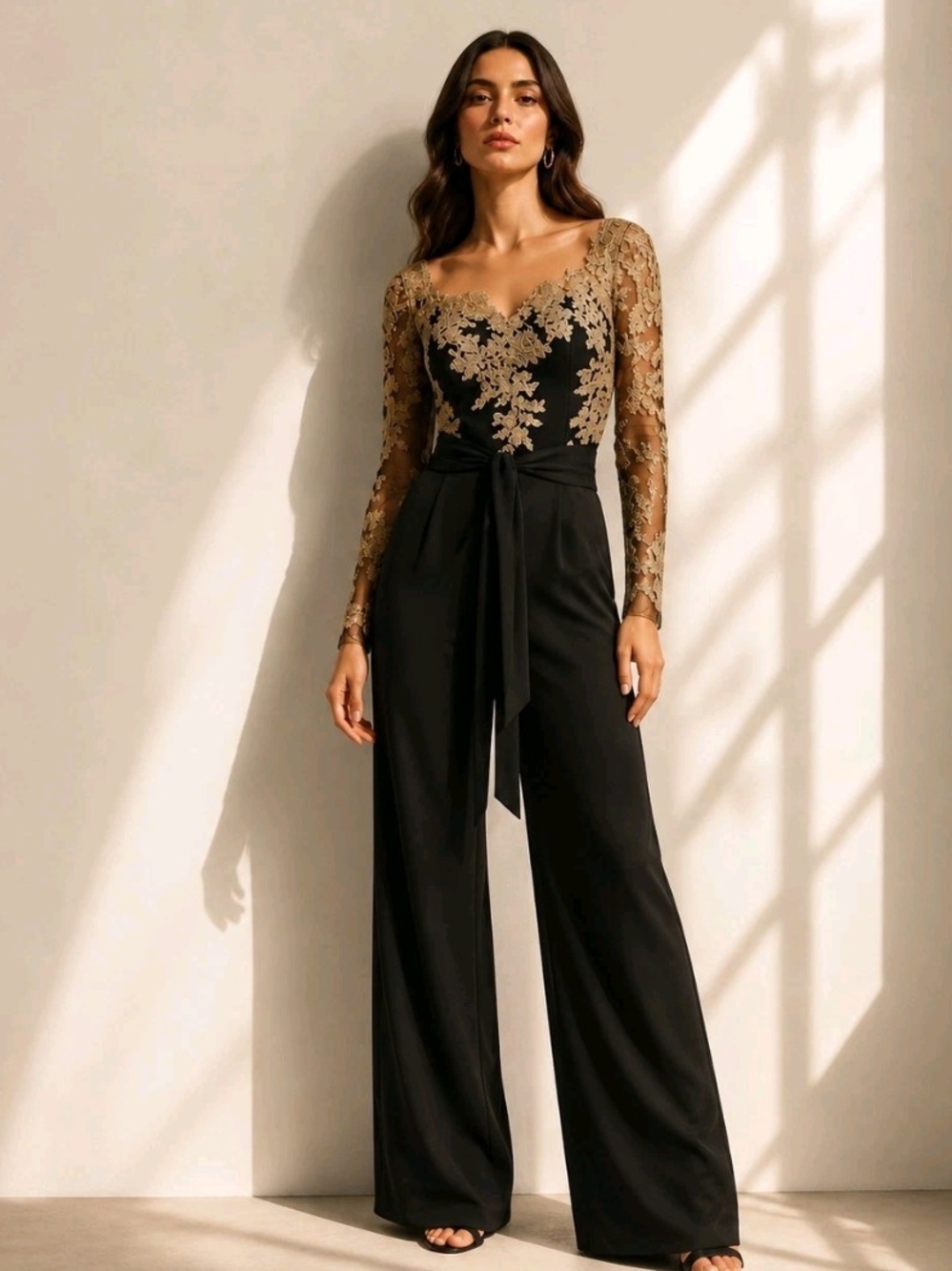 Black Gold Lace Jumpsuit Size Small Metallic Sheer Embroidered Evening Holiday